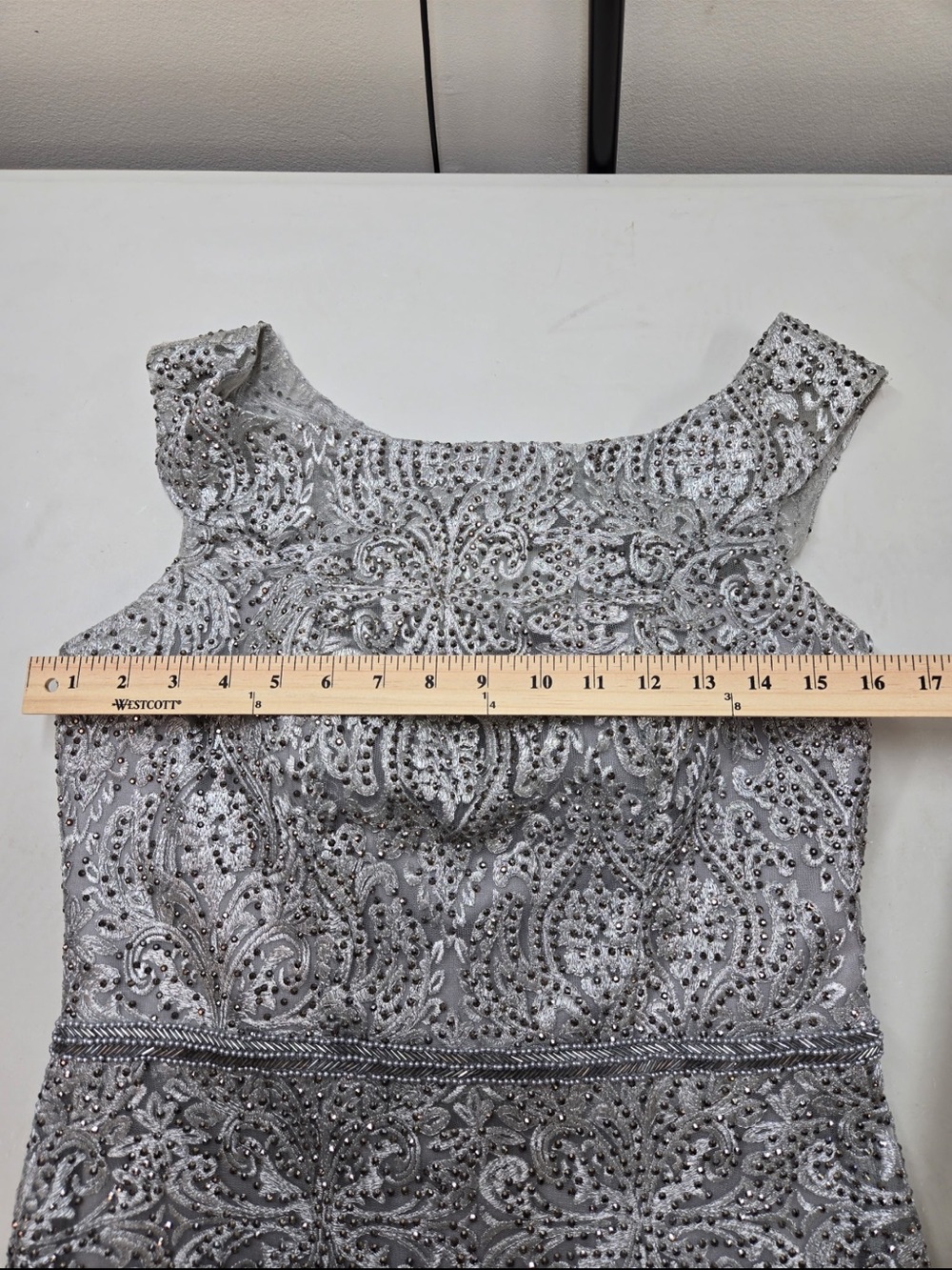 NWT CAMERON BLAKE Mon Cheri 118687 Silver Beaded Lace Formal Gown Size 12 - Picture 11 of 16